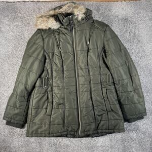 d.e.t.a.i.l.s INTL Jacket Womens Large Green Quilted Puffer Parka Faux Fur Hood